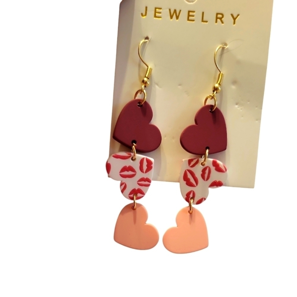 Heart Drop Earrings with Lip Print